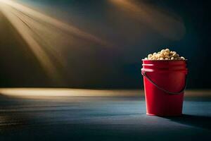 een emmer van popcorn Aan een donker tafel. ai-gegenereerd foto