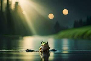 een kikker zittend Aan de water in voorkant van een helder licht. ai-gegenereerd foto