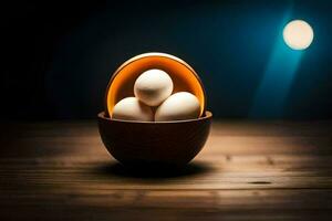 drie eieren in een houten kom Aan een tafel. ai-gegenereerd foto