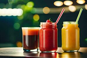 drie verschillend types van smoothies in glas potten. ai-gegenereerd foto