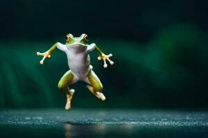 een kikker jumping in de lucht. ai-gegenereerd foto