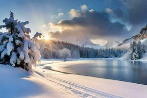 foto behang de lucht, sneeuw, bomen, meer, zon, bergen, bomen, meer,. ai-gegenereerd