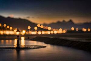een straat lamp is lit omhoog Bij schemer in voorkant van een meer. ai-gegenereerd foto