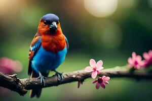 een kleurrijk vogel zit Aan een Afdeling met roze bloemen. ai-gegenereerd foto