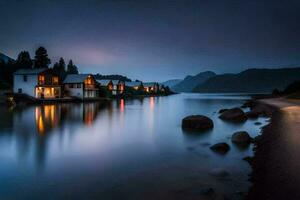 een meer Bij nacht met huizen Aan de oever. ai-gegenereerd foto