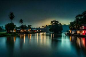 een rivier- Bij nacht met huizen Aan de oever. ai-gegenereerd foto