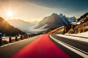 een weg in de bergen met een rood lijn. ai-gegenereerd foto