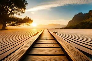 een houten loopbrug Leidt naar de zon. ai-gegenereerd foto