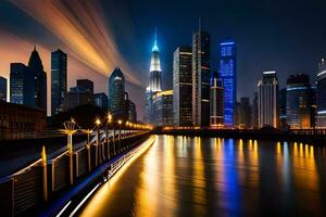 de stad horizon Bij nacht met lichten Aan. ai-gegenereerd foto