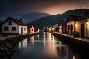 een kanaal in de midden- van een stad- Bij nacht. ai-gegenereerd foto