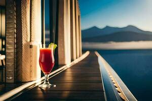 een glas van rood drinken Aan een balkon met uitzicht de bergen. ai-gegenereerd foto