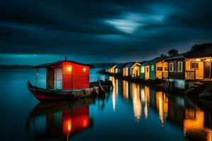 een boot is aangemeerd in voorkant van een rij van huizen Bij nacht. ai-gegenereerd foto