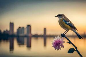 een vogel neergestreken Aan een Afdeling met een bloem in de achtergrond. ai-gegenereerd foto