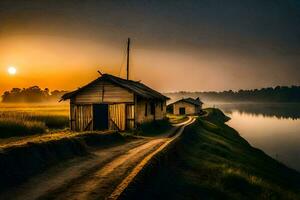 de zon stijgt over- de water en de hut Aan de bank. ai-gegenereerd foto