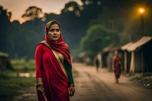 een vrouw in een rood sari wandelingen naar beneden een aarde weg. ai-gegenereerd foto