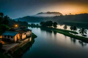 de huis Aan de rivier. ai-gegenereerd foto