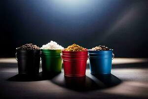 vier emmers van verschillend gekleurde voedsel Aan een donker achtergrond. ai-gegenereerd foto