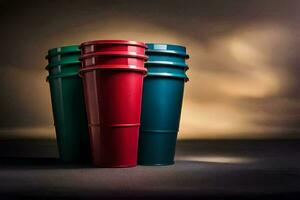 drie rood en groen plastic cups Aan een donker achtergrond. ai-gegenereerd foto