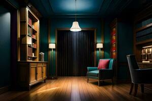 een donker kamer met een stoel en boekenplank. ai-gegenereerd foto