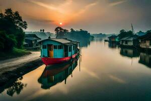 een boot zit Aan de water Bij zonsondergang. ai-gegenereerd foto