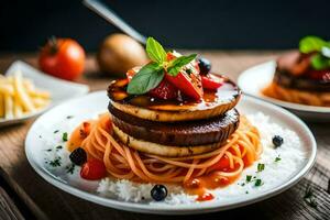 een bord van spaghetti met groenten en tomaten. ai-gegenereerd foto