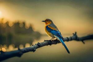 een blauw en geel vogel zit Aan een Afdeling in de buurt een meer. ai-gegenereerd foto