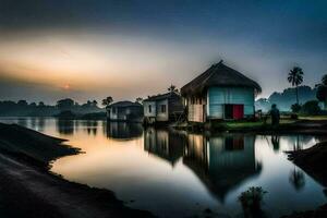 een huis in de midden- van een meer Bij zonsondergang. ai-gegenereerd foto