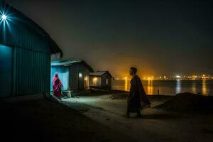 twee mensen wandelen langs de strand Bij nacht. ai-gegenereerd foto