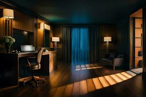 een hotel kamer met een bureau, stoel en lamp. ai-gegenereerd foto