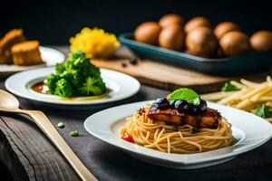 een bord van spaghetti met vlees en groenten. ai-gegenereerd foto