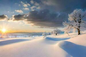 foto behang de lucht, sneeuw, bomen, zon, bomen, landschap, landschap behang, behang. ai-gegenereerd