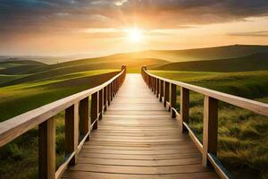 een houten loopbrug Leidt naar een zonsondergang over- een groen veld. ai-gegenereerd foto