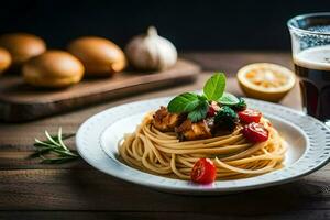 spaghetti met vlees en tomaten Aan een bord. ai-gegenereerd foto