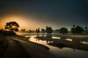 de zon stijgt over- een rivier- in de midden- van een veld. ai-gegenereerd foto