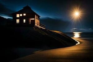 een klein huis zit Aan de kust van een strand Bij nacht. ai-gegenereerd foto