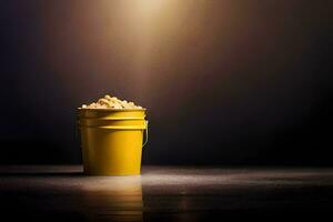 een emmer van popcorn Aan een donker tafel. ai-gegenereerd foto