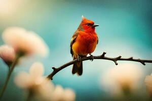 een rood vogel zit Aan een Afdeling met bloemen. ai-gegenereerd foto