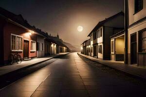 een straat Bij nacht met een fiets in de midden. ai-gegenereerd foto