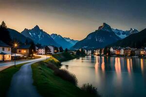 een rivier- en berg reeks Bij zonsondergang. ai-gegenereerd foto