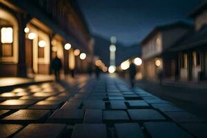 een straat Bij nacht met mensen wandelen Aan het. ai-gegenereerd foto