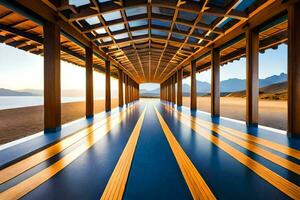 een lang loopbrug met houten balken en een blauw lucht. ai-gegenereerd foto