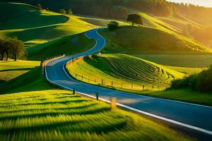 een kronkelend weg in de bergen met groen gras. ai-gegenereerd foto