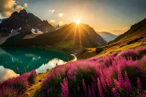 de zon stijgt over- een meer en Purper bloemen in de bergen. ai-gegenereerd foto