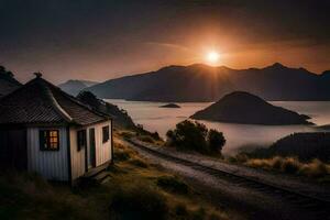 een klein cabine zit Aan de kant van een berg met uitzicht de zon. ai-gegenereerd foto