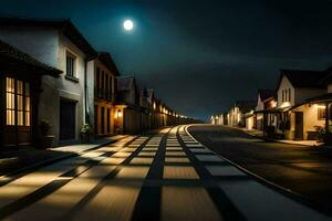een straat Bij nacht met een vol maan in de lucht. ai-gegenereerd foto