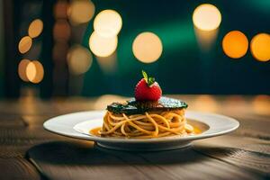 een bord van spaghetti met een aardbei Aan top. ai-gegenereerd foto