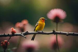 een geel vogel zit Aan een Afdeling met roze bloemen. ai-gegenereerd foto