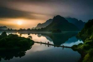 de zon stijgt over- een meer en bergen in Vietnam. ai-gegenereerd foto