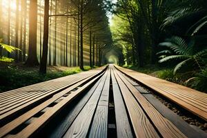 een lang houten pad in de bossen met zon stralen schijnend door. ai-gegenereerd foto