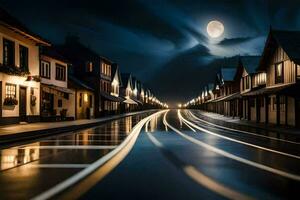 een straat met een vol maan in de lucht. ai-gegenereerd foto